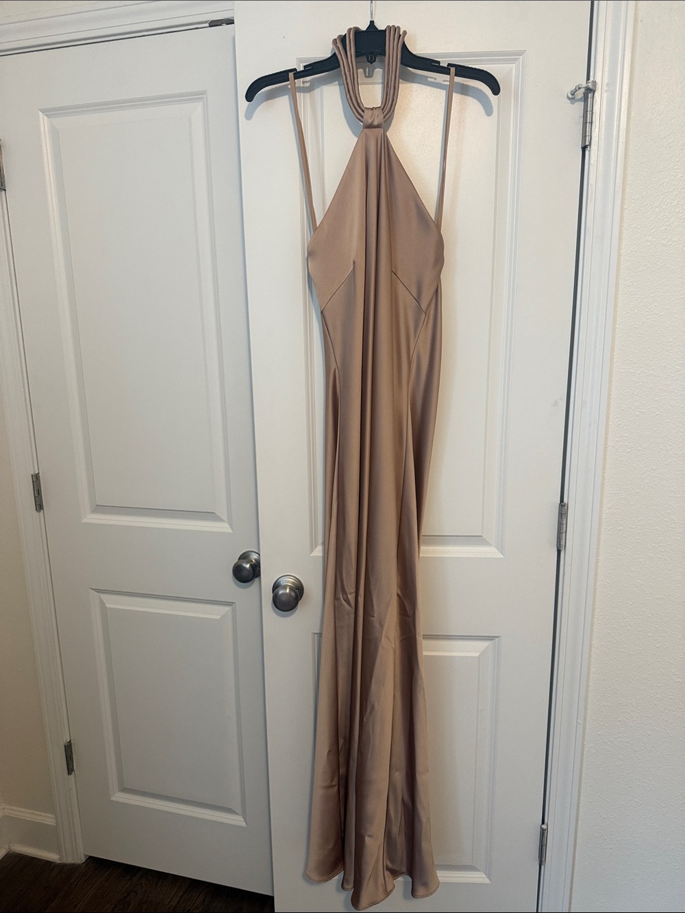 ANTONIO MELANI Satin Halter Maxi Dress in Taupe